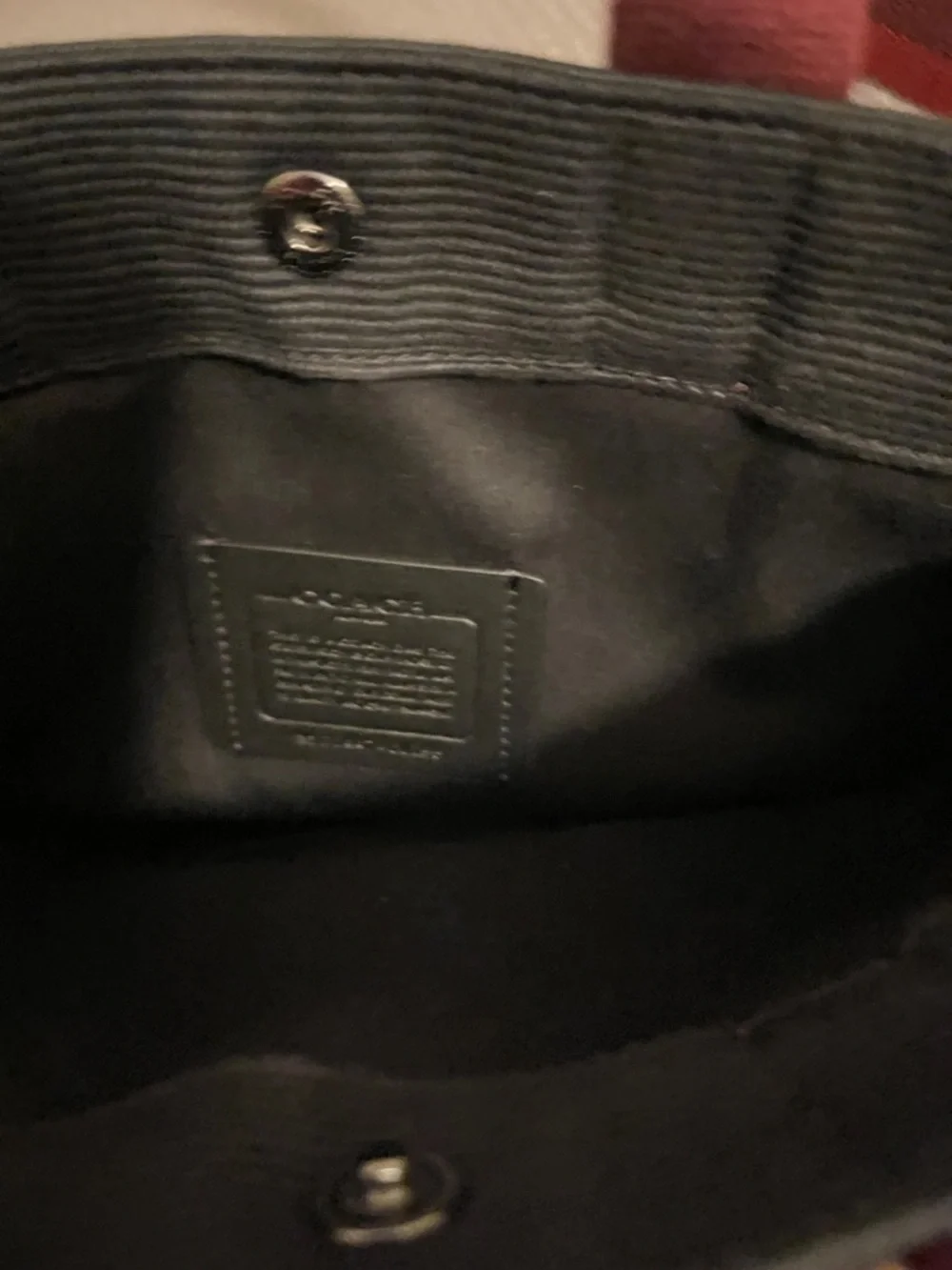Unisex Coach Black Canvas Messenger Tote. Burgundy Handles & Red Striped Strap.